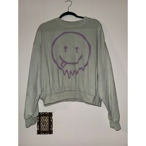 H&M Divided Women XL Mint Green Melting Smiley Face Graphic Cropped Sweatshirt